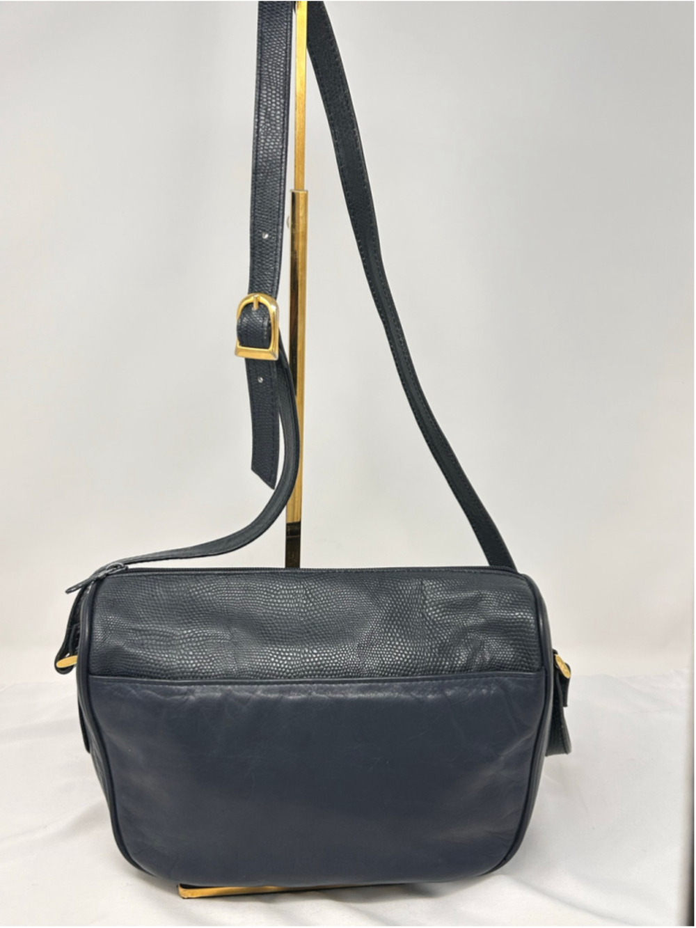 Courtenay Vintage Navy Leather Shoulder Bag Lizard Embossed Gold Hardware